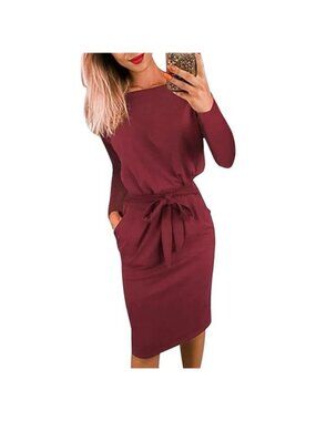 Women's Long Sleeve Belted Bodycon Sheath Pencil Dress